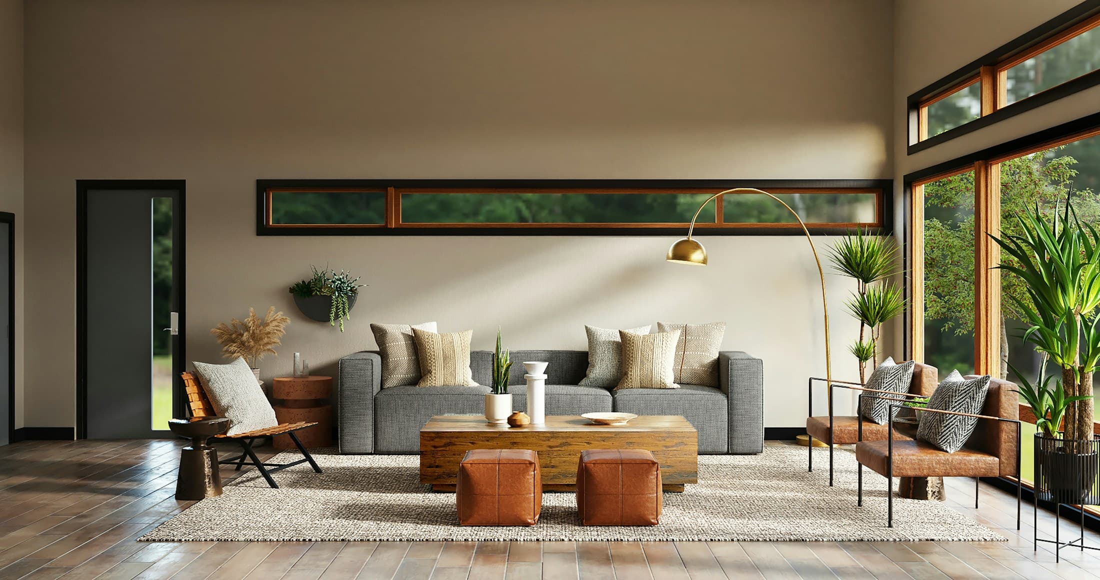 Interior ruang keluarga hangat dengan sofa dan tanaman
